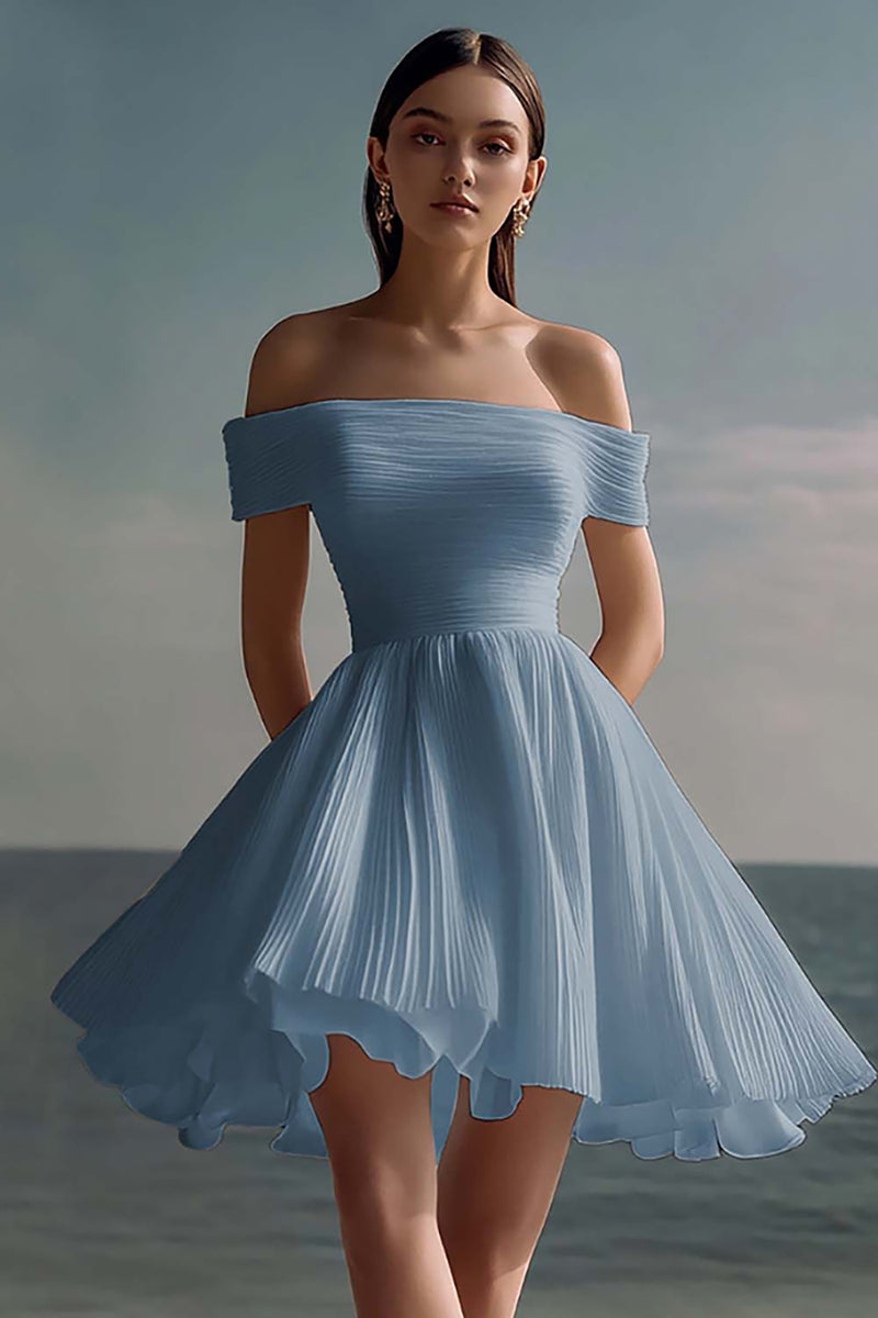 Load image into Gallery viewer, Dusty Sage Off the Shoulder Chiffon Mini Graduation Dress