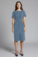 Load image into Gallery viewer, Navy Bodycon Ruched Midi Satin Work Dress