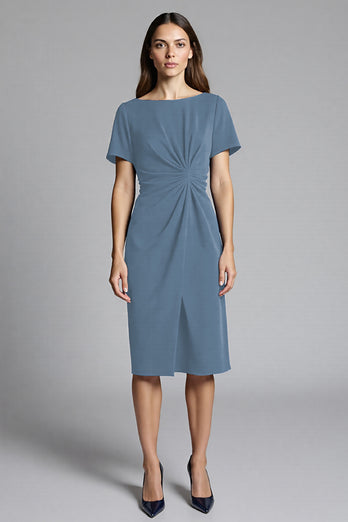 Navy Bodycon Ruched Midi Satin Work Dress