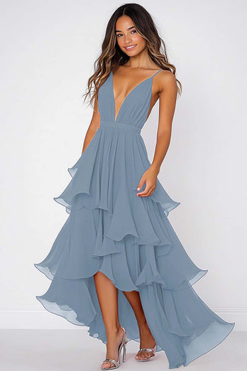 Sky Blue Chiffon A Line V-Neck Pleated Long Formal Dress