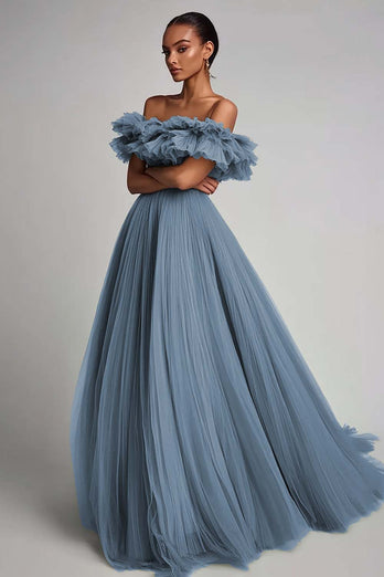 Dusty Sage Tulle A Line Long Formal Dress with Ruffles