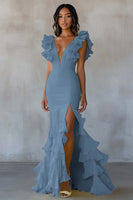Load image into Gallery viewer, Dusty Blue Ruffled Mermaid Chiffon Long Formal Dress with Slit