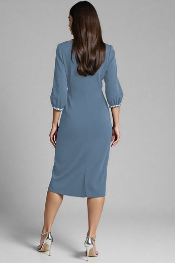 Navy Satin V-Neck Bodycon Midi Work Dress