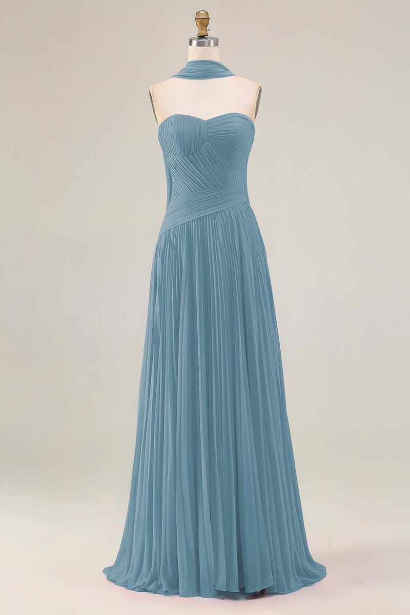 Load image into Gallery viewer, Fuchsia Pleated Strapless A Line Neck Scarf Long Prom Dress