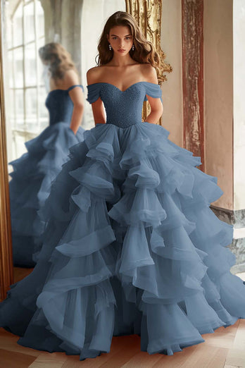 Pink Ball Gown A Line Tulle Off the Shoulder Tiered Long Quinceanera Dress with Ruffles