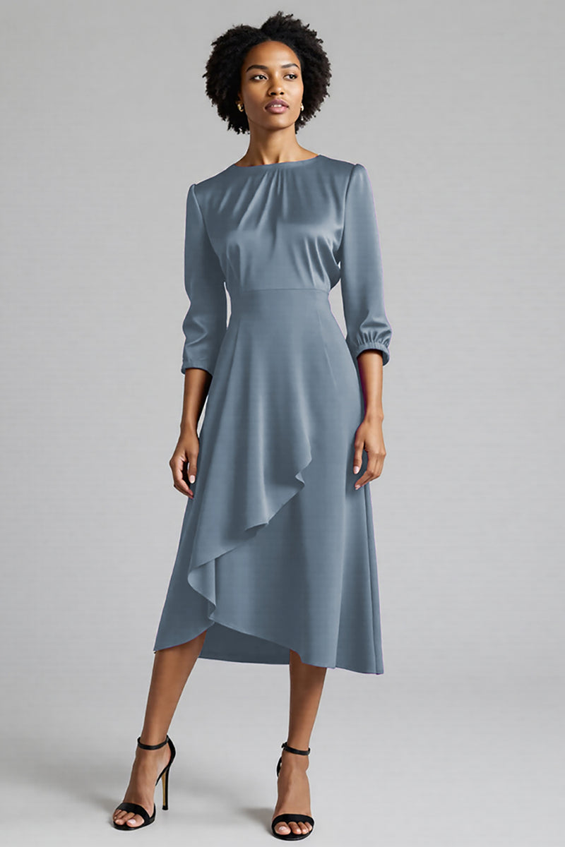 Load image into Gallery viewer, Plum Satin A Line Ruched Midi Work Dress with Sleeves