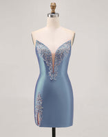 Load image into Gallery viewer, Red Satin Strapless Tight Short Homecoming Dress with Rhinestones