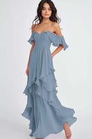 Load image into Gallery viewer, Dusty Blue Ruffled Off the Shoulder Long Formal Dress
