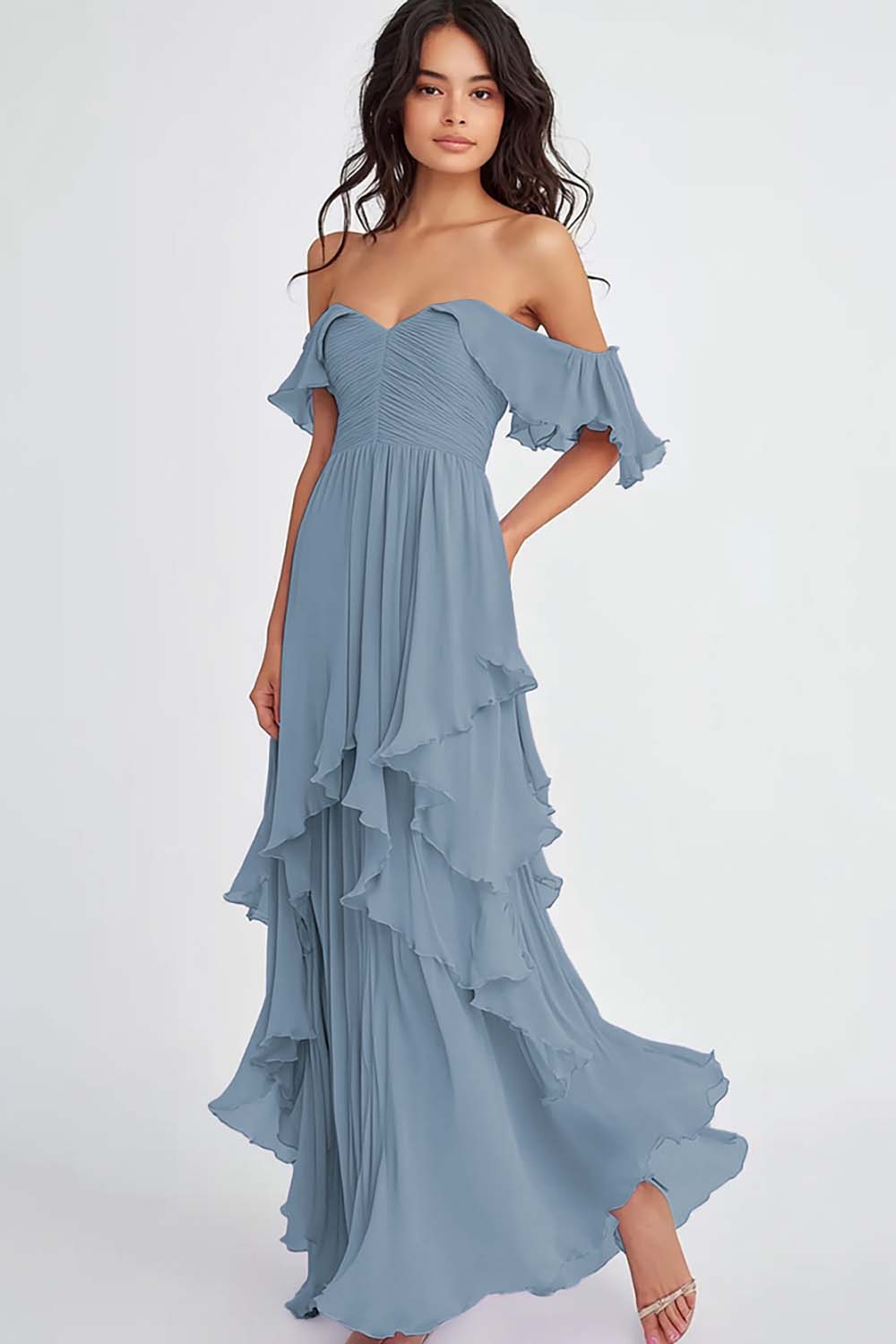 Dusty Blue Ruffled Off the Shoulder Long Formal Dress