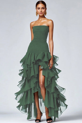 Queendancer Women Elegant Dark Green Organza Formal Dress with Slit A Line Strapless Black Tie Dress High-Low Ankle Length Tiered Long Masquerade Dress queendancer Queendancer Women Elegant Dark Green Organza Formal Dress with Slit A Line Strapless Black Tie Dress High-Low Ankle Length Tiered Long Masquerade Dress queendancer