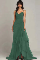 Load image into Gallery viewer, Dark Brown Spaghetti Straps Chiffon Ruffled Long Formal Dress