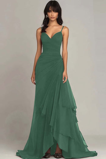 Dark Brown Spaghetti Straps Chiffon Ruffled Long Formal Dress