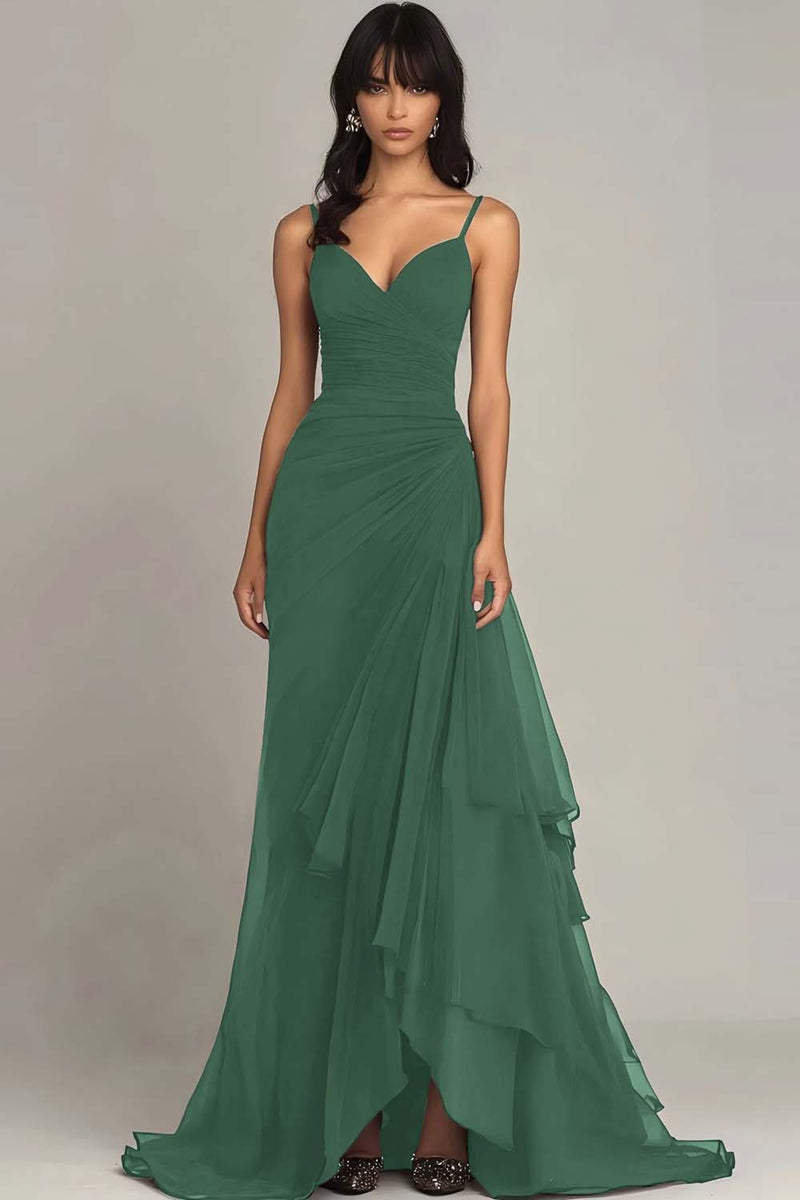 Load image into Gallery viewer, Dark Brown Spaghetti Straps Chiffon Ruffled Long Formal Dress