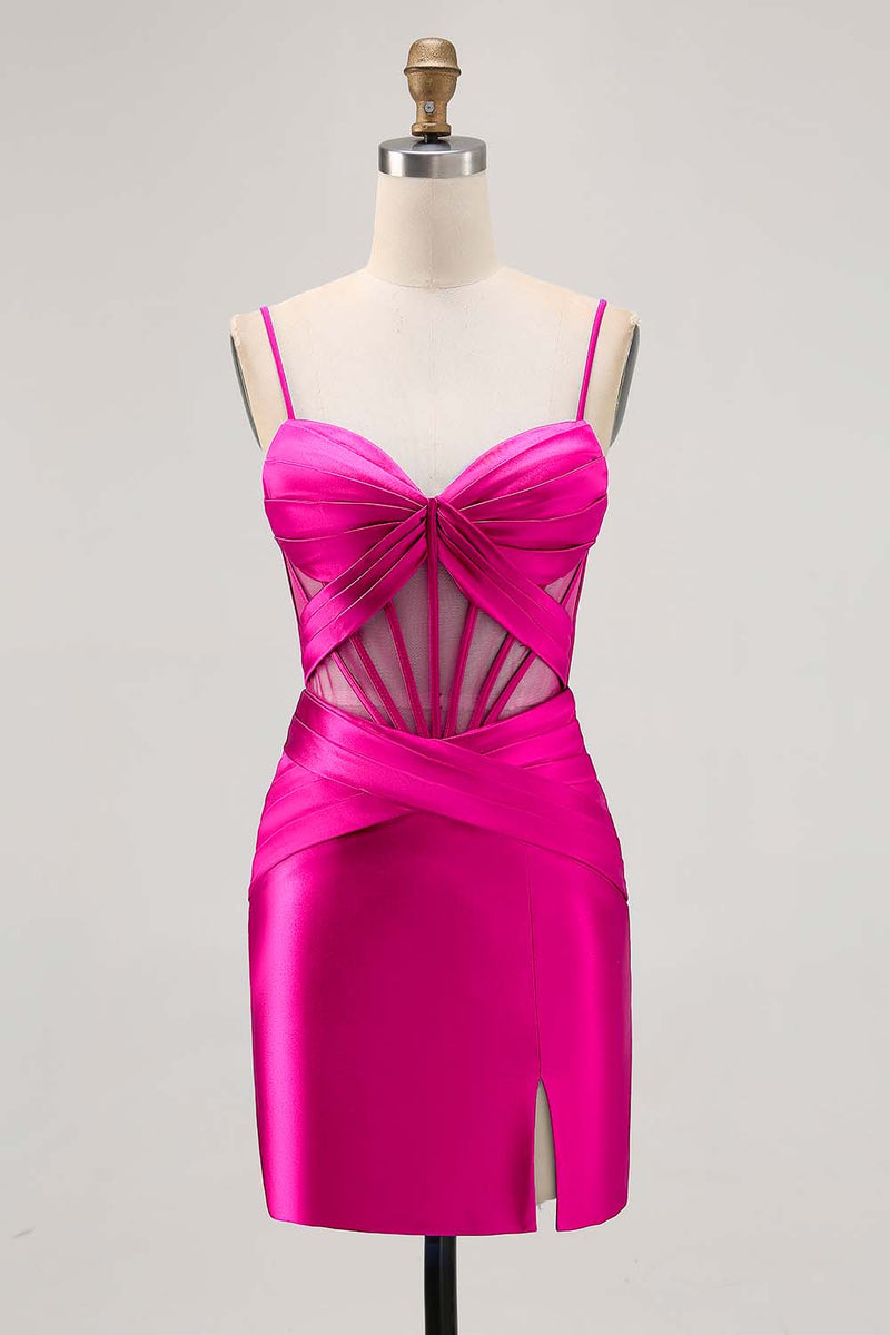 Load image into Gallery viewer, Royal Blue Satin Corset Ruched Tight Short Homecoming Dress with Slit