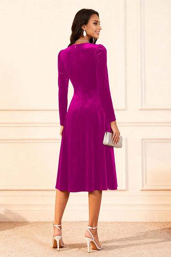 Glitter Dark Green Velvet A Line Midi Holiday Party Dress with Sleeves