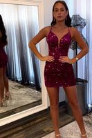 Load image into Gallery viewer, Sparkly Fuchsia Spaghetti Straps Sequin Tight Homecoming Dresses for Teens
