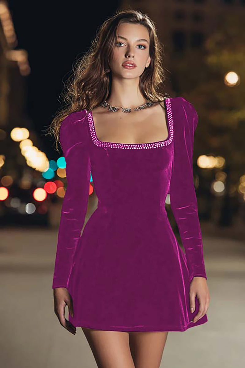 Load image into Gallery viewer, Sparkly Black Velvet Tight Square Neck Beaded Short Cocktail Dress