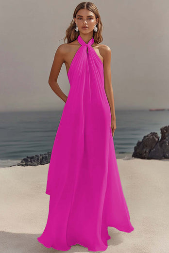 White Halter Chiffon A Line Pleated Long Rehearsal Dinner Dress