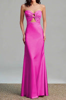 Load image into Gallery viewer, Fuchsia Sheath Satin Ruched Strapless Long Formal Dress with Keyhole