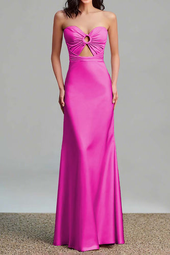 Fuchsia Sheath Satin Ruched Strapless Long Formal Dress with Keyhole