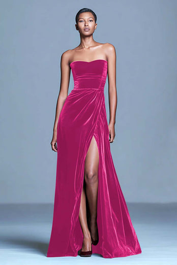 Burgundy Strapless Velvet Long Holiday Party Dress with Slit