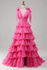 Load image into Gallery viewer, Fuchsia A Line Deep V Neck Long Tiered Prom Dress With Slit