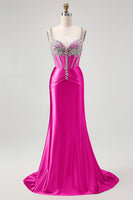Load image into Gallery viewer, Sparkly Blush Spaghetti Straps Satin Mermaid Beaded Long Corset Prom Dress