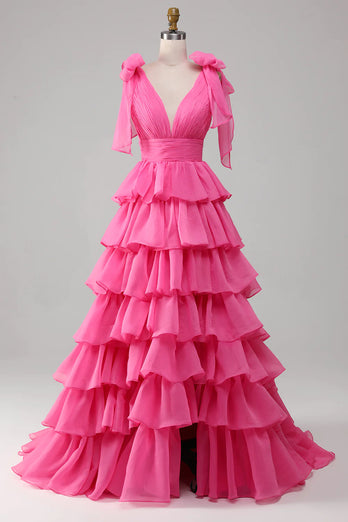 Fuchsia A Line Deep V Neck Long Tiered Prom Dress With Slit