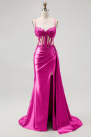 Load image into Gallery viewer, Sparkly Champagne Mermaid Spaghetti Straps Ruched Long Prom Dress with Beading