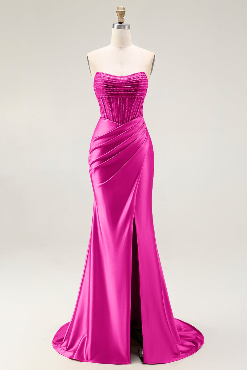 Load image into Gallery viewer, Sparkly Blush Strapless Ruched Mermaid Satin Long Prom Dress with Slit