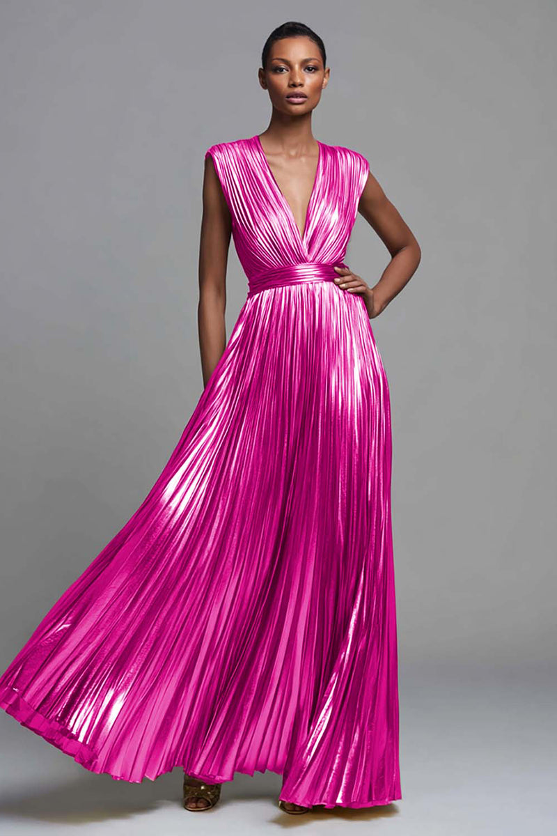 Load image into Gallery viewer, Sparkly Gold A-Line Metallic Deep V-Neck Pleated Long Formal Dress