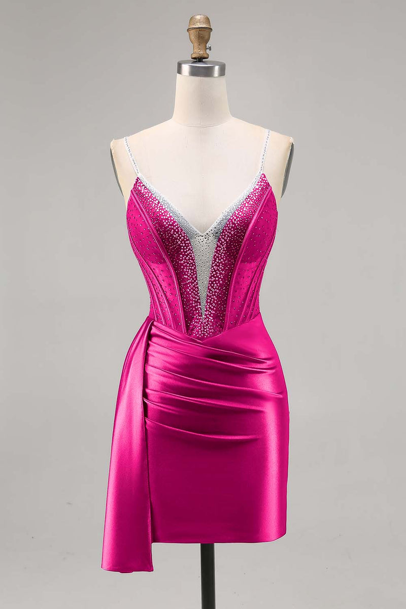 Load image into Gallery viewer, Sparkly Navy Satin Short Corset Homecoming Dress with Beading