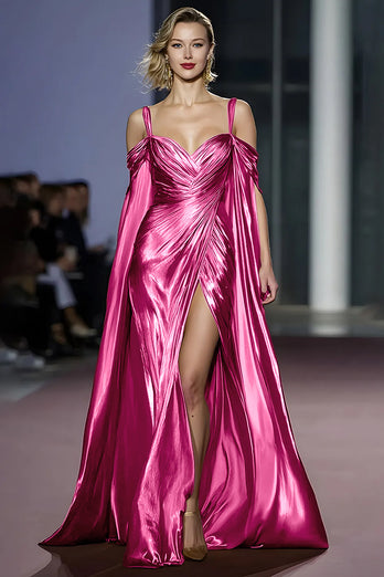 Golden Metallic A Line Cold Shoulder Long Gala Dress with Slit