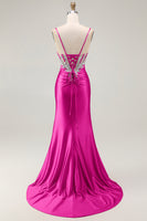 Load image into Gallery viewer, Sparkly Grey Pink Satin Mermaid Ruched Long Corset Prom Dress with Slit