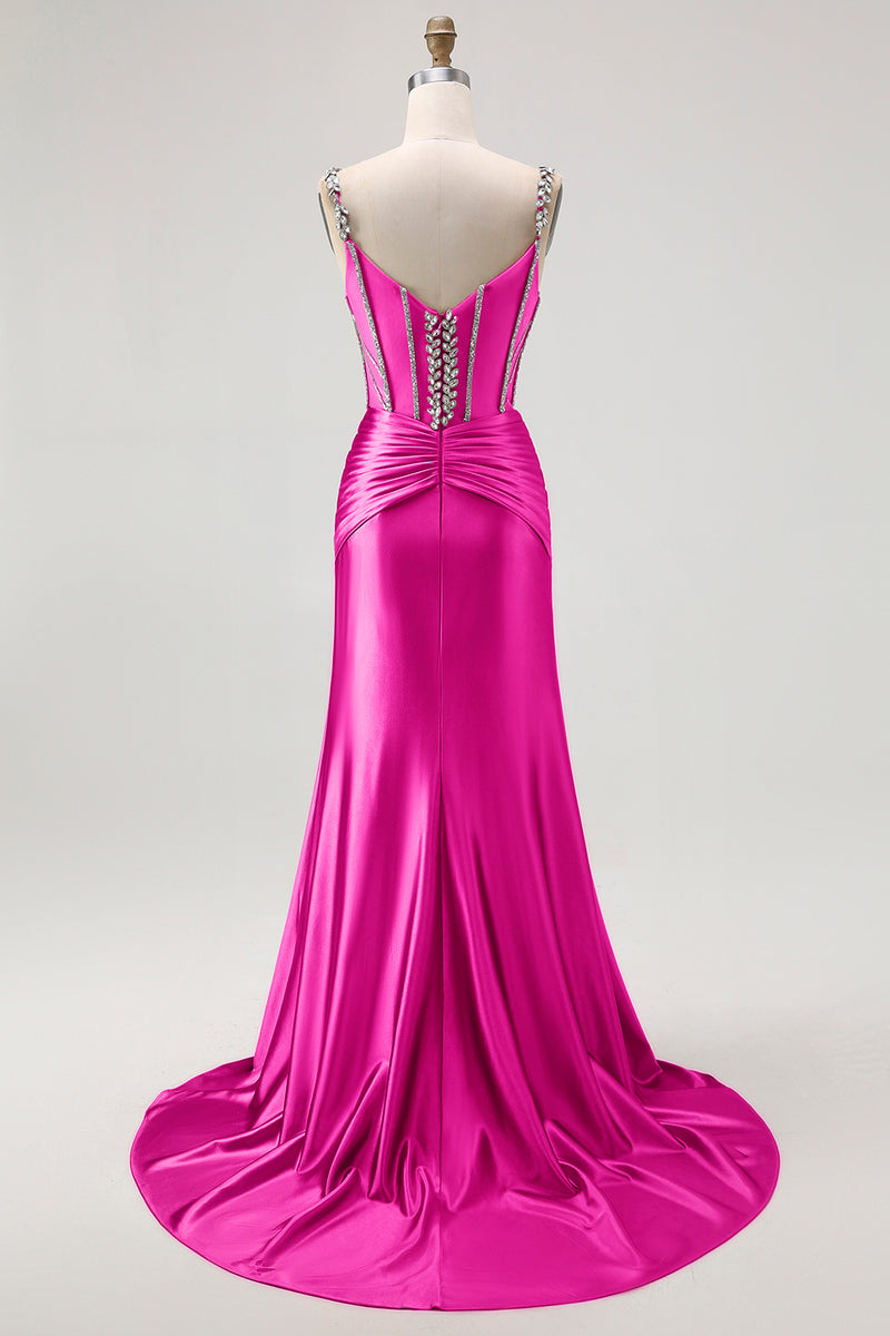 Load image into Gallery viewer, Sparkly Blush Spaghetti Straps Satin Mermaid Beaded Long Corset Prom Dress