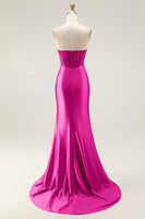Load image into Gallery viewer, Sparkly Blush Strapless Ruched Mermaid Satin Long Prom Dress with Slit