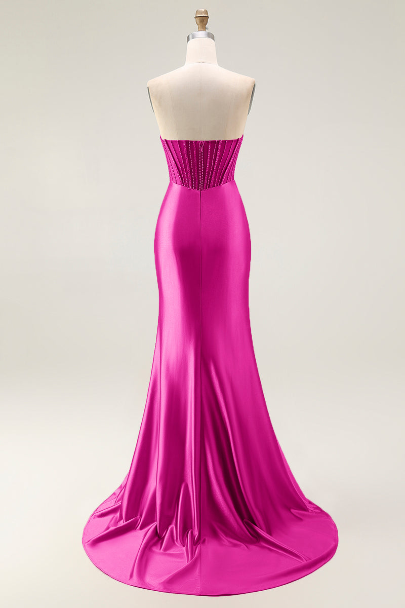 Load image into Gallery viewer, Sparkly Blush Strapless Ruched Mermaid Satin Long Prom Dress with Slit