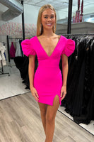Load image into Gallery viewer, Fuchsia V-Neck Tight Short Homecoming Dress With Short Sleeves