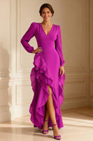 Load image into Gallery viewer, Purple Ruffled V Neck Asymmetrical Mother of the Bride Dress with Slit