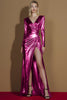 Load image into Gallery viewer, Glitter Golden Metallic Ruched V-Neck Long Sleeves Gala Dress with Slit