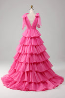 Load image into Gallery viewer, Fuchsia A Line Deep V Neck Long Tiered Prom Dress With Slit