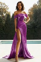 Load image into Gallery viewer, Queendancer Women Metallic Golden Sheath Long Formal Dress with Slit Off The Shoulder Ruched Gala Dress