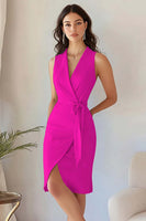 Load image into Gallery viewer, Queendancer Women Dusty Rose Tight Short Work Blazer Dress with Sash Satin Pencil V-Neck Sleeveless Cocktail Dress
