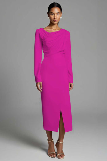 Ivory Sheath Ruched Long Sleeves Work Dress with Slit