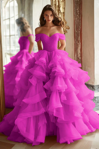 Pink Ball Gown A Line Tulle Off the Shoulder Tiered Long Quinceanera Dress with Ruffles