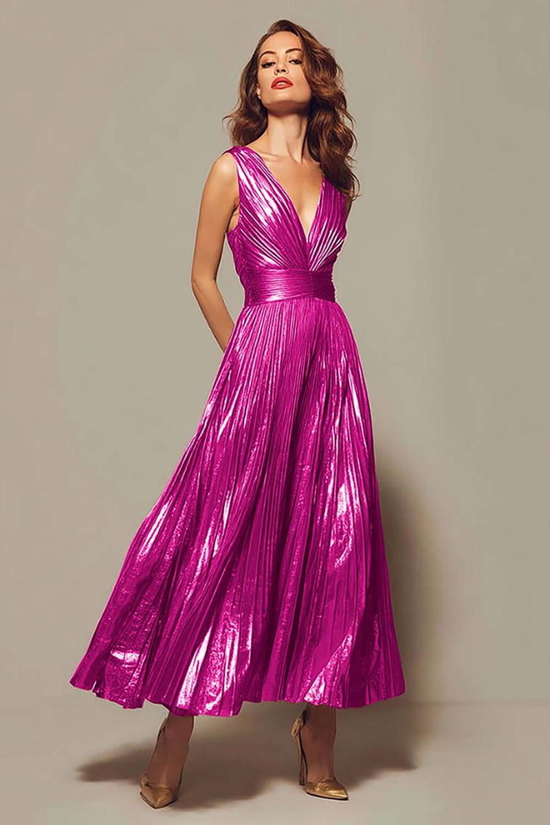 Load image into Gallery viewer, Queendancer Women Sparkly Tahiti Metallic Long Formal Dress Pleated V-Neck A-Line Ankle Length Holiday Party Dress