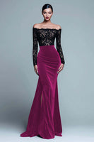 Load image into Gallery viewer, Black and Burgundy Velvet Mermaid Long Sleeves Holiday Party Dress with Lace
