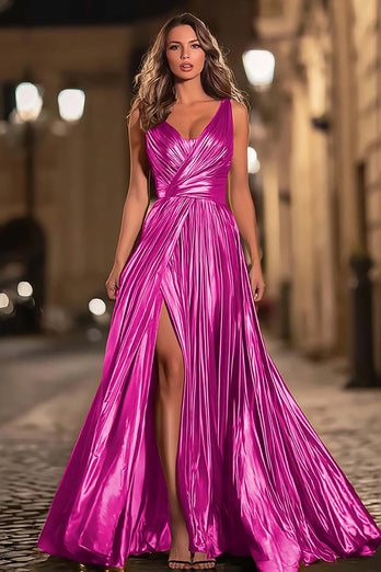 Sparkly Royal Blue Metallic V-Neck A-Line Pleated Long Formal Dress with Slit