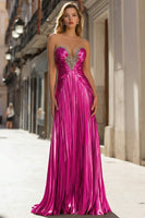 Load image into Gallery viewer, Sparkly Gold Metallic Sheath Pleated Long Prom Dress with Beading