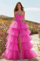 Load image into Gallery viewer, Pink Tulle Ruffled Long Prom Dress with Slit